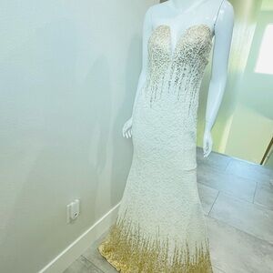Elegant White and Gold Strapless Gown